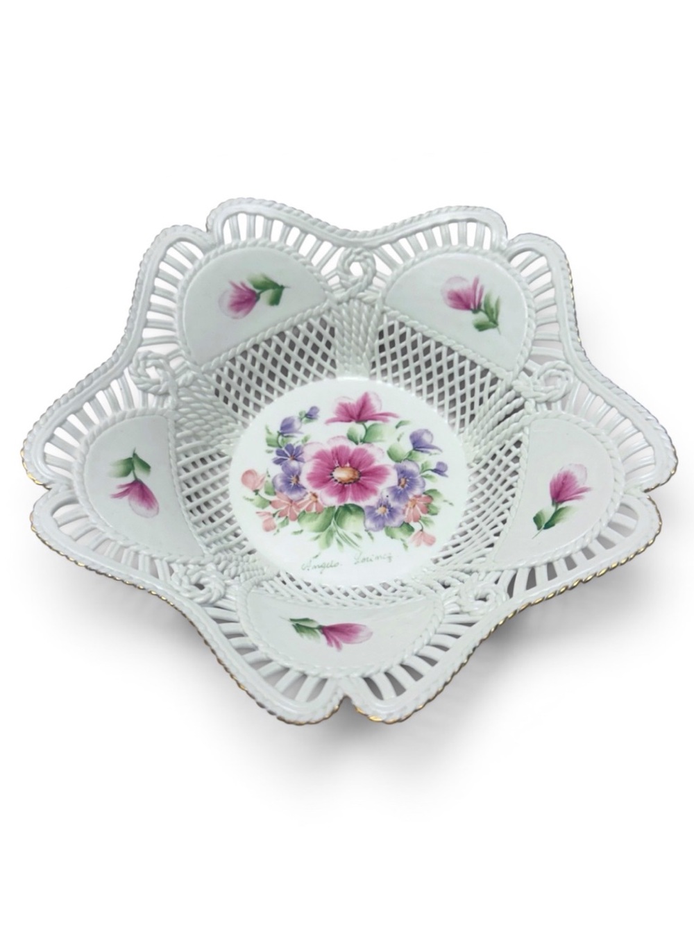 Vintage Ramex Bone China Pink Purple Floral Woven Reticulated Decorative Bowl
